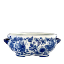 Load image into Gallery viewer, Rear view of Bombay Company blue and white chinoiserie round cachepot, showing the bulbous body, solid cobalt tab handle, butterfly and floral motifs, and four small feet

