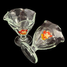Load image into Gallery viewer, Pair of vintage clear tulip shaped footed glass ice cream or sherbet dishes featuring Borden Dairy Elsie the Cow. Crafted by Anchor Hocking, USA, circa 1970s. A great piece of nostalgia to add to your Borden collection!

In excellent condition, no chips or wear.

Measures 3 5/8 x 4 1/8 inches
