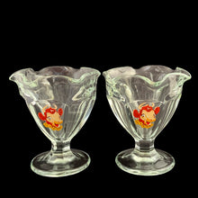 Load image into Gallery viewer, Pair of vintage clear tulip shaped footed glass ice cream or sherbet dishes featuring Borden Dairy Elsie the Cow. Crafted by Anchor Hocking, USA, circa 1970s. A great piece of nostalgia to add to your Borden collection!

In excellent condition, no chips or wear.

Measures 3 5/8 x 4 1/8 inches
