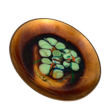 Load image into Gallery viewer, Detail of green floral enamel work on 1960s Bovano copper dish
