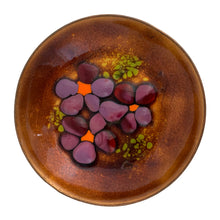 Load image into Gallery viewer, Close-up of Bovano enamel on copper dish showing purple floral design
