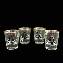 Load image into Gallery viewer, If you have a bowler and shooter lover in your life, we&#39;ve got the glasses! This is a set of vintage shot glasses illustrated with a black bowling ball and pins graphic with gold rim.  In excellent used condition, free from chips.  Measures 2 x 2 1/2 inches  Capacity 1 ounce   
