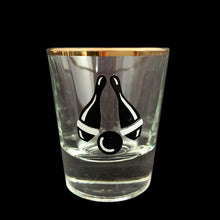 Load image into Gallery viewer, If you have a bowler and shooter lover in your life, we&#39;ve got the glasses! This is a set of vintage shot glasses illustrated with a black bowling ball and pins graphic with gold rim.  In excellent used condition, free from chips.  Measures 2 x 2 1/2 inches  Capacity 1 ounce   
