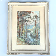 Load image into Gallery viewer, Vintage watercolour painting of Branksome Chine Beach in Bournemouth England. Professionally framed in wood with matte. Signed by the artist, Juanita O. (Lebarre) Symington (1904-1980), circa 1950s. Symington added a hand written description of the painting on the back of the painting describing the picturesque scene and that this was the location where the smuggler Gulliver amassed a fortune.  Artwork measures 8 1/4 x 12 1/4 inches  Wood frame measures 14 1/2 x 18 5/8 inches
