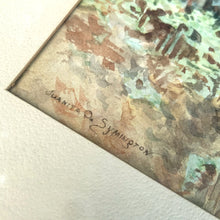 Load image into Gallery viewer, Vintage watercolour painting of Branksome Chine Beach in Bournemouth England. Professionally framed in wood with matte. Signed by the artist, Juanita O. (Lebarre) Symington (1904-1980), circa 1950s. Symington added a hand written description of the painting on the back of the painting describing the picturesque scene and that this was the location where the smuggler Gulliver amassed a fortune.  Artwork measures 8 1/4 x 12 1/4 inches  Wood frame measures 14 1/2 x 18 5/8 inches
