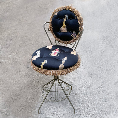 Vintage mid-century brass vanity stool, newly upholstered in black with gold and cream fringe In excellent vintage condition. Perfect for your boudoir or bedroom!