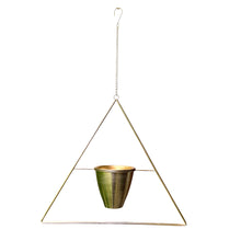 Load image into Gallery viewer, This is the real deal! Fabulous vintage triangular shaped brass metal wire plant hanger with fixed planter pot. They can be hung individually, in tandem or aligned for that added wow factor! Crafted in France, 1960s. A sweet way to add mid-century bohemian style to your home decor and the perfect gift for any plant lover!

In good vintage condition with original sticker. Age appropriate wear to the pot.

Hanging frame measures 20 3/4 x 33 inches, pot measures 6 1/8 x 5 1/8 inches
