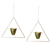 Load image into Gallery viewer, This is the real deal! Fabulous vintage triangular shaped brass metal wire plant hanger with fixed planter pot. They can be hung individually, in tandem or aligned for that added wow factor! Crafted in France, 1960s. A sweet way to add mid-century bohemian style to your home decor and the perfect gift for any plant lover!

In good vintage condition with original sticker. Age appropriate wear to the pot.

Hanging frame measures 20 3/4 x 33 inches, pot measures 6 1/8 x 5 1/8 inches
