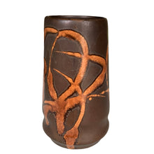 Load image into Gallery viewer, Front view of vintage brown with amber swirls glazed stoneware stein or mug. Crafted by Laurentian Pottery, Canada, 1970s
