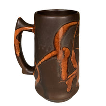Load image into Gallery viewer, Opposite side view of vintage brown with amber swirls glazed stoneware stein or mug. Crafted by Laurentian Pottery, Canada, 1970s
