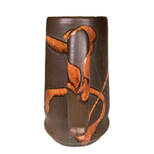 Load image into Gallery viewer, Handle view of vintage brown with amber swirls glazed stoneware stein or mug. Crafted by Laurentian Pottery, Canada, 1970s
