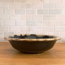 Load image into Gallery viewer, Vintage brown and cream drip glaze serving bowl with rolled edge. Crafted by Robinson Ransbottom Pottery Co., USA, 1960s. A great piece to serve your favourite dish and a great addition to your retro tableware collection!

In excellent condition, no chips/cracks/repairs, minor age-related wear. Maker&#39;s mark.

Measures 11 5/8 x 3 inches
