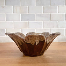 Load image into Gallery viewer, Vintage brown drip glazed figural flower ceramic bowl. Crafted by Evangeline Pottery, Canada 1960s. Add some retro flair to your home decor with this fab dish for candy or trinkets.

In excellent condition, free from chips/cracks.

Measures 6 5/8 x 2 1/2 inches
