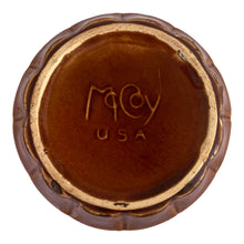 Load image into Gallery viewer, Striking vintage gloss brown Series 116 ribbed planter pot with attached saucer. Crafted by McCoy Pottery, 1940s. This rare planter is must for any McCoy art pottery collector!

In good vintage condition, flea bite at rim, hard water residue. Maker&#39;s mark on the bottom.

Measures 6 x 5 inches
