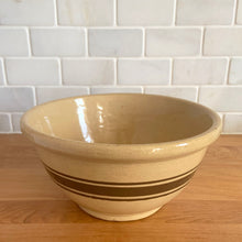 Load image into Gallery viewer, Vintage brown stripe salt glazed stoneware mixing bowl. Crafted by Robinson Ransbottom Pottery Co., USA, 1950s. A beautiful piece to give a nostalgic vibe to any kitchen!

In as found condition, no chips/repairs, hairline crack. Marked R.R.P.Co Roseville, Ohio U.S.A., 120-8

Measures 8 1/4 x 4 1/8 inches

Capacity 2 QTs
