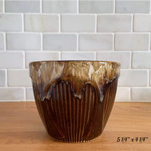 Load image into Gallery viewer, Vintage Art Deco Brown Drip Glaze Flower Stoneware Pottery Jardiniere Planters No. 1420, Robinson Ransbottom, USA
