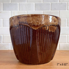 Load image into Gallery viewer, Vintage Art Deco Brown Drip Glaze Flower Stoneware Pottery Jardiniere Planters No. 1420, Robinson Ransbottom, USA
