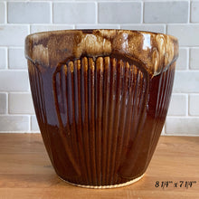 Load image into Gallery viewer, Vintage Art Deco Brown Drip Glaze Flower Stoneware Pottery Jardiniere Planters No. 1420, Robinson Ransbottom, USA
