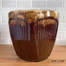 Load image into Gallery viewer, Vintage Art Deco Brown Drip Glaze Flower Stoneware Pottery Jardiniere Planters No. 1420, Robinson Ransbottom, USA
