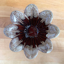 Load image into Gallery viewer, Vintage brown drip glazed figural flower ceramic bowl. Crafted by Evangeline Pottery, Canada 1960s. Add some retro flair to your home decor with this fab dish for candy or trinkets.

In excellent condition, free from chips/cracks.

Measures 6 5/8 x 2 1/2 inches

