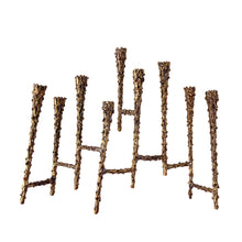 Load image into Gallery viewer, Celebrate the Jewish Festival of Lights with this vintage mid-century era hand forged nine candle bronze Hanukkah / Chanukah menorah. This stunning piece of brutalist Judaica was crafted by American furniture maker, sculptor and designer, Paul Evans circa 1950s. Described by design historian, Dr. Daniella Ohad, as a radical metalsmith, Mr. Evan&#39;s work is highly sought after by collectors around the world. In excellent condition with patina. Measures 9 1/8 x 2 1/2 x 8 1/4 inches
