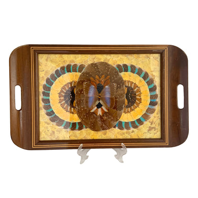 Rare vintage tone-on-tone wood inlaid handled tray with an artfully assembled geometric pattern of iridenscent colourful Morpho butterfly wings under glass. Crafted by artist Daniel Teixeira, Brazil, late 19th and early 20th century. This stunning indigenous folkart tray is sure to become your home's conversation piece!

In excellent vintage condition with typical age-related wear.

Measures 18 1/4 x 11 x 1 1/2 inches