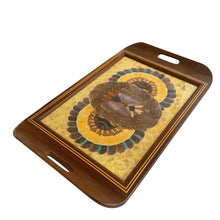 Load image into Gallery viewer, Rare vintage tone-on-tone wood inlaid handled tray with an artfully assembled geometric pattern of iridenscent colourful Morpho butterfly wings under glass. Crafted by artist Daniel Teixeira, Brazil, late 19th and early 20th century. This stunning indigenous folkart tray is sure to become your home&#39;s conversation piece!

In excellent vintage condition with typical age-related wear.

Measures 18 1/4 x 11 x 1 1/2 inches
