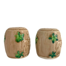 Load image into Gallery viewer, Vintage souvenir ceramic salt and pepper shakers featuring an embossed Canadian Mounted Police on horseback, green maple leaves and darling baby rabbit handles finished in tan coloured glaze. Crafted in Japan, 1950s. A sweet set of collectible shakers to use or display!  In excellent condition, no chips/cracks/repairs. No corks.  Measures 2 3/4 x 2 1/8 inches
