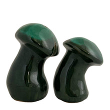 Load image into Gallery viewer, Full front view of vintage Canuck Pottery Evangeline green drip glaze salt and pepper shakers showing mushroom silhouette and teal cap glaze
