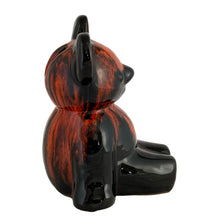 Load image into Gallery viewer, Opposite side view of 1960s Canadian redware teddy bear coin bank with signature Canuck Pottery drip glaze
