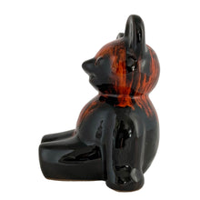 Load image into Gallery viewer, Side view of Canuck Pottery teddy bear bank showing hand-glazed drip pattern and seated bear design
