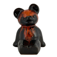 Load image into Gallery viewer, Front view of Canuck Pottery teddy bear bank showing hand-glazed drip pattern and seated bear design
