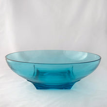 Load image into Gallery viewer, Vintage &quot;Capri Colonial&quot; glass serving bowl features a distinctive laser blue colour and square base. Crafted by the Hazel-Atlas Glass Company, USA, circa 1960s. This beautiful serving bowl will add an exquisite touch to your tabletop. Perfect for serving salads and fruit.  In excellent condition, free from chips.  Measures 10 7/8 x 3 5/8 inches   
