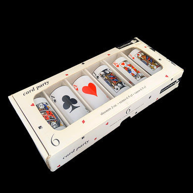 Vintage set of six Card Party 2 oz shot glasses featuring playing cards and suits graphics. Crafted by Luminarc, USA, 1990s. These will make a fantastic addition to your barware collection and are perfect for drinking games or poker night shooters!

In excellent condition. New old stock in original box.

Measures 1 1/2 x 4 1/8 inches

Capacity 2 ounces