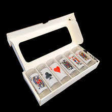 Load image into Gallery viewer, Vintage set of six Card Party 2 oz shot glasses featuring playing cards and suits graphics. Crafted by Luminarc, USA, 1990s. These will make a fantastic addition to your barware collection and are perfect for drinking games or poker night shooters!

In excellent condition. New old stock in original box.

Measures 1 1/2 x 4 1/8 inches

Capacity 2 ounces
