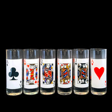 Load image into Gallery viewer, Vintage set of six Card Party 2 oz shot glasses featuring playing cards and suits graphics. Crafted by Luminarc, USA, 1990s. These will make a fantastic addition to your barware collection and are perfect for drinking games or poker night shooters!

In excellent condition. New old stock in original box.

Measures 1 1/2 x 4 1/8 inches

Capacity 2 ounces
