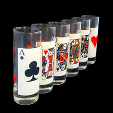 Load image into Gallery viewer, Vintage set of six Card Party 2 oz shot glasses featuring playing cards and suits graphics. Crafted by Luminarc, USA, 1990s. These will make a fantastic addition to your barware collection and are perfect for drinking games or poker night shooters!

In excellent condition. New old stock in original box.

Measures 1 1/2 x 4 1/8 inches

Capacity 2 ounces
