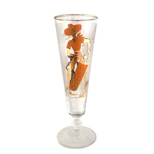 Load image into Gallery viewer, Front view of vintage Libbey Caribbean Cruise pilsner glass with bongo player, dancers, and 22kt gold enamel, USA 1959–1962
