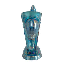 Load image into Gallery viewer, Vintage limited edition Carols Sure Win iridescent Mediterranean Blue Carnival Glass bud vase featuring a horse prancing through vegetation. Made for Cherished Glass Wares by L.E. Smith Glass, USA, 1970s. Production of these vases was limited to approximately 2000 per colour and was produced in Amber, Amberina, Mediterranean Blue and Crystal Lustre.

In excellent condition, no chips. There is a minor rough spot at the seam likely due to mold release.

Measures 4 1/4 x 1 7/8 x 5 1/4 inches
