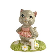 Load image into Gallery viewer, Vintage ballerina cat first birthday ceramic figurine. Crafted by Quon Quon, Hong Kong, 1983.  Ceramics in excellent condition, no chips/cracks/repairs. Musical device isn&#39;t functioning.  Measures 3 1/4 x 2 1/8 x 3 1/2 inches
