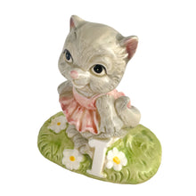 Load image into Gallery viewer, Vintage ballerina cat first birthday ceramic figurine. Crafted by Quon Quon, Hong Kong, 1983.  Ceramics in excellent condition, no chips/cracks/repairs. Musical device isn&#39;t functioning.  Measures 3 1/4 x 2 1/8 x 3 1/2 inches
