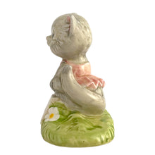 Load image into Gallery viewer, Vintage ballerina cat first birthday ceramic figurine. Crafted by Quon Quon, Hong Kong, 1983.  Ceramics in excellent condition, no chips/cracks/repairs. Musical device isn&#39;t functioning.  Measures 3 1/4 x 2 1/8 x 3 1/2 inches
