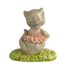 Load image into Gallery viewer, Vintage ballerina cat first birthday ceramic figurine. Crafted by Quon Quon, Hong Kong, 1983.  Ceramics in excellent condition, no chips/cracks/repairs. Musical device isn&#39;t functioning.  Measures 3 1/4 x 2 1/8 x 3 1/2 inches
