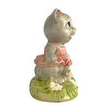 Load image into Gallery viewer, Vintage ballerina cat first birthday ceramic figurine. Crafted by Quon Quon, Hong Kong, 1983.  Ceramics in excellent condition, no chips/cracks/repairs. Musical device isn&#39;t functioning.  Measures 3 1/4 x 2 1/8 x 3 1/2 inches
