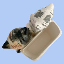 Load image into Gallery viewer, RARE vintage mid-century era kitsch anthropomorphic ceramic wall pocket planter featuring two cats sitting atop a pink cushion. Crafted by Lefton, Japan, 1950s. The perfect addition to your planter or cat collection!  In great vintage condition, tiny flea bite of the pink ear, no cracks/repairs. Marked ESD Japan Hand Painted 7229.  Measures 4 3/4 x 3 1/4 x 5 1/4 inches
