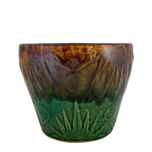 Load image into Gallery viewer, The earth and sky are represented beautifully in this vintage mid-century &quot;Celestial Moon and Star&quot; ceramic garden planter pot featuring embossed starburst suns and moons in brown and green drip glaze. Designed and crafted by Robinson Ransbottom Pottery Company, in Roseville Ohio, USA, circa 1960s. This highly collectible planter will look gorgeous filled with your favourite greenery or flowers.  In great vintage condition, minor age-related wear, free from chips/cracks. Unmarked.  Measures 6 x 5 inches
