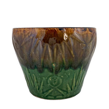 Load image into Gallery viewer, The earth and sky are represented beautifully in this vintage mid-century &quot;Celestial Moon and Star&quot; ceramic garden planter pot featuring embossed starburst suns and moons in brown and green drip glaze. Designed and crafted by Robinson Ransbottom Pottery Company, in Roseville Ohio, USA, circa 1960s. This highly collectible planter will look gorgeous filled with your favourite greenery or flowers.  In great vintage condition, minor age-related wear, free from chips/cracks. Unmarked.  Measures 6 x 5 inches
