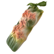 Load image into Gallery viewer, Vintage ceramic floral plaque 7¾ inches tall with majolica-style glaze and dimensional sculpted leaves
