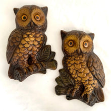 Load image into Gallery viewer, Vintage chalkware owl wall plaques, set of two, front view showing both pieces together, Favor Industries Canada, 1960s
