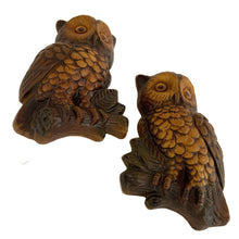 Load image into Gallery viewer, Close-up of large vintage chalkware owl wall plaque showing painted feather detail, amber glass eyes, and textured surface, 1960s
